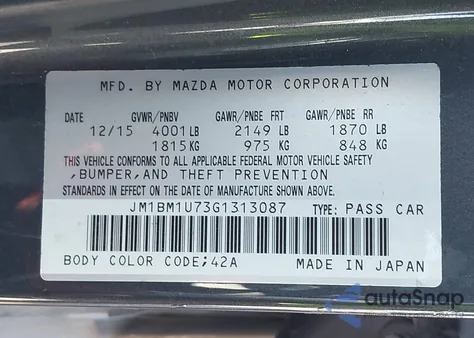2016 Mazda Mazda3 I Sport from USA, damaged, VIN JM1BM1U73G1313087
